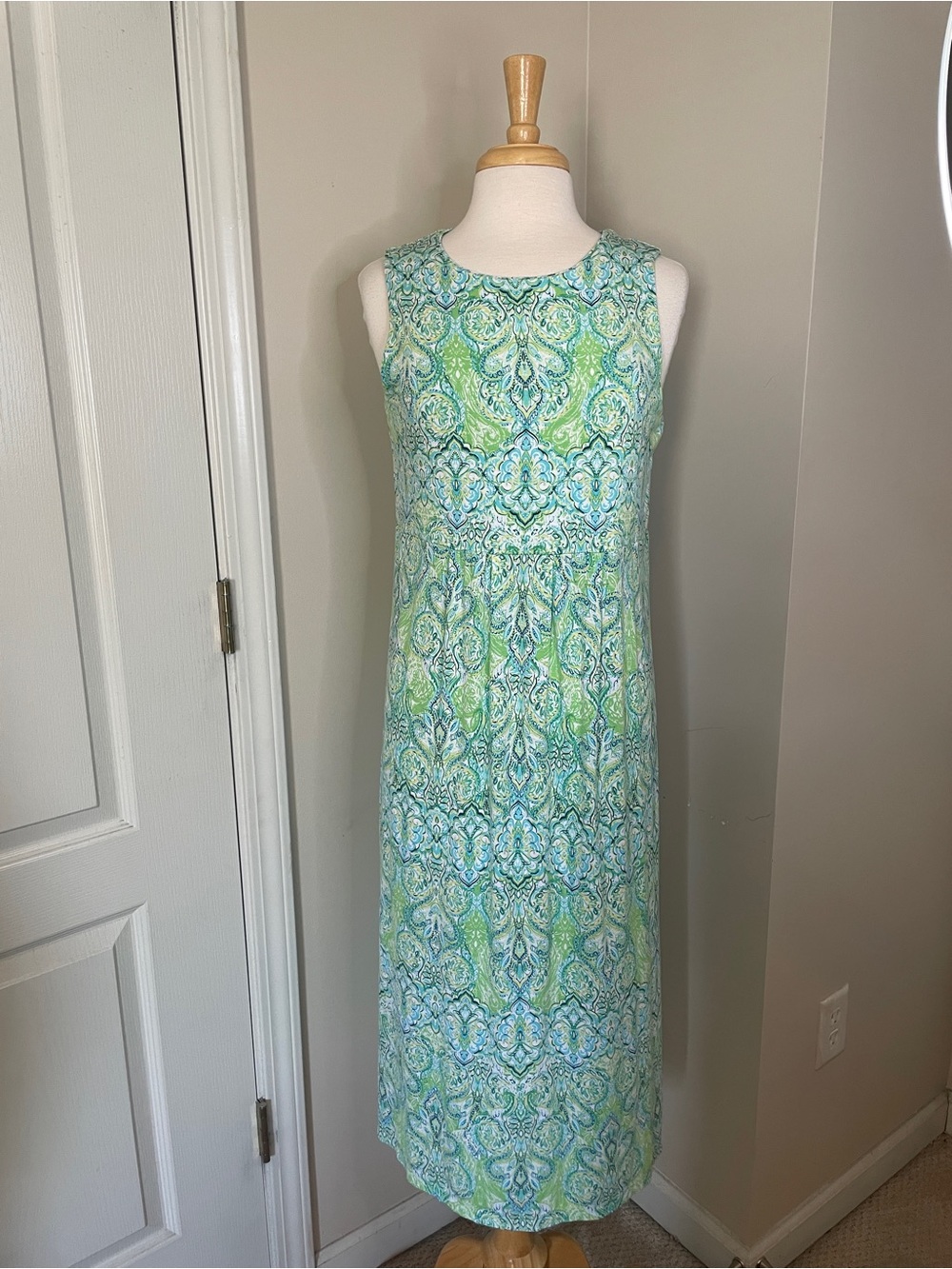 J. Jill Maxi Dress Sleeveless Knit Paisley Floral Multi Print Green White Blue